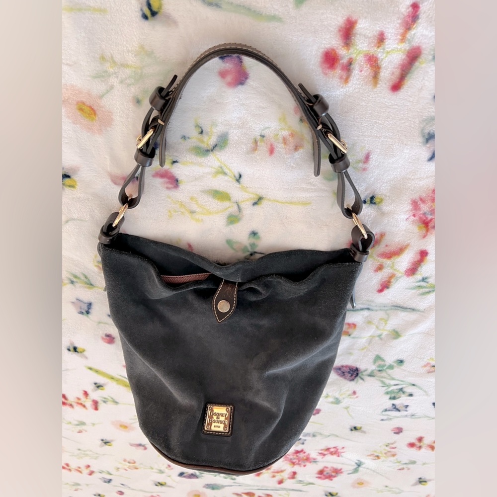Dooney And Bourke blue suede bucket purse w/ leather accents.clean inside & out!